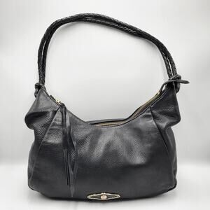 Elliott Lucca Black Pebbled Leather Braided Woven Handle Small Hobo Shoulder Bag